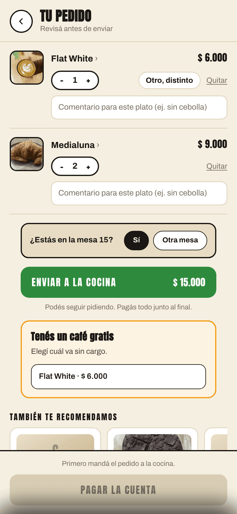 Pedido desde la mesa, sin app